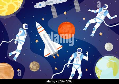 Kosmischer Hintergrund mit Astronauten. Weltraum mit Raumschiff, Planeten, Sternen und Raumfahrer, die den Kosmos erkunden. Cartoon Universum Vektor Banner Stock Vektor