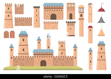 Schlossbauer. Mittelalterliche Architekturelemente, Türme mit Fahnen, Mauern und Türen. Alte historische Bastion Gebäude, Festung Vektor gesetzt Stock Vektor