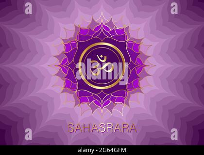 Vorlage für das siebte Chakra Sahasrara-Logo. Crown Chakra Symbol, Purple Lotus sakrale Zeichen Meditation, Yoga rund Mandala Symbol. Goldenes Symbol Om in der Mitte Stock Vektor