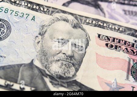 Makroansicht von Ulysses S Grant auf die Vereinigten Staaten 50-Dollar-Rechnung. Stockfoto