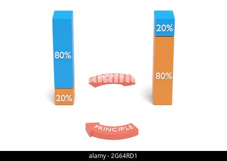 Pareto-Prinzip mit Balkendiagrammen. 3d-Illustration. Stockfoto