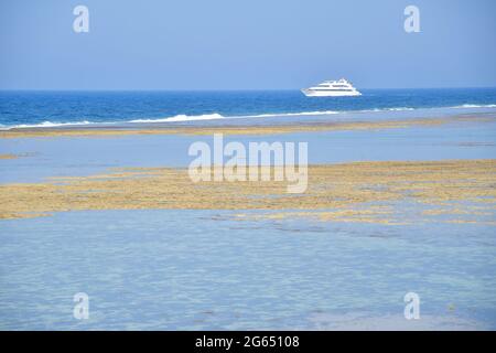 Ein Blick auf eine luxuriöse weiße Yacht weit weg von der Küste unter einem wunderschönen blauen Tag Stockfoto