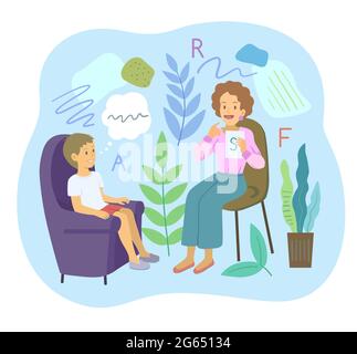 Weibliche Logopädin mit Vorschuljunge machen logopädische Artikulationsübungen. Cartoon-Vektorgrafik. Stock Vektor