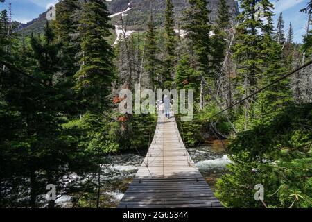 Eine einspurige, wackelige Holzbrücke im Glacier National Park im Westen von Montana dient als einziger Pfad über einen sich schnell bewegenden Bach Stockfoto