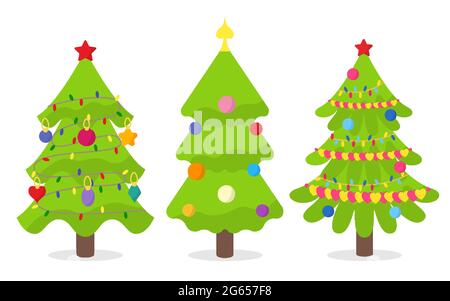 Bäume mit Girlanden und Spielzeug in Form von Kugeln, andere abstrakte Formen. Set aus drei grünen Tannen von Neujahr und Weihnachten. Dekoration Ankleideraum, Geschirr, Geschenkpapier, Notizbuch. Stock Vektor