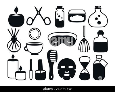 Wellness- und Kosmetiksalon mit Glyphen-Symbol-Set. Hautpflege, Aromaöl Lotion Handtuch, Schlafmaske Sanduhr, Schere, Tasse. Weibliche Körpergesundheit flaches Grafikdesign, mobile App, Webdesign. Vektorgrafik Stock Vektor