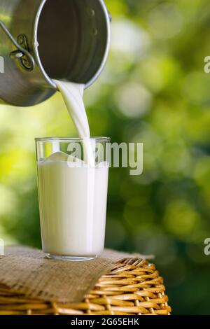 Milch, die aus Metallkännen in Glas gießt Stockfoto