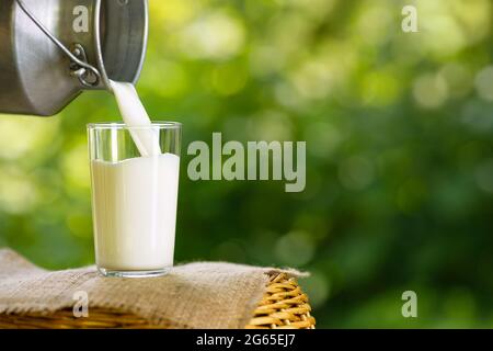 Milch, die aus Metallkännen in Glas gießt Stockfoto