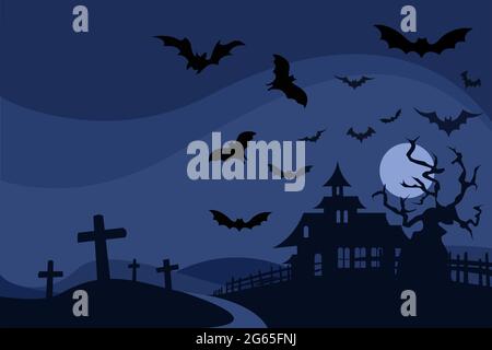 Fledermäuse fliegen in einer Vollmondnacht um ein Spukhaus. Ein Halloween-Konzept Stock Vektor