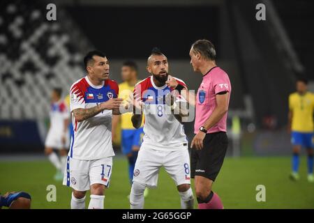 Brasilien gegen Chile, Copa America, Quaterfinale, Fußballspiel, Estadio Nilton Santos, Rio de Janeiro, Brasilien - 02. Juli 2021 Stockfoto