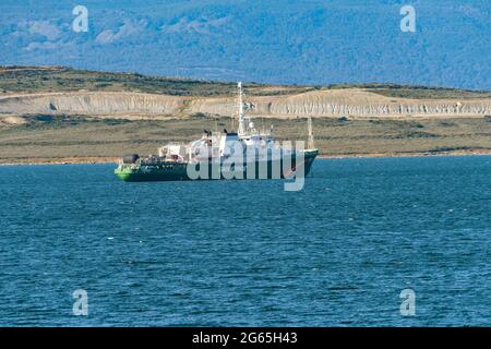 Das greenpeace-Schiff Esperanza im Beagle-Kanal vor der Stadt Ushuaia, Patagonien, Argentinien Stockfoto