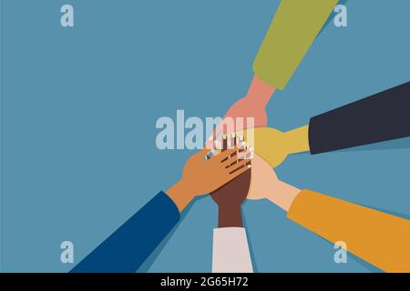 Illustration von multiethnischen Händen über andere gelegt. Konzept der Teamarbeit Stock Vektor