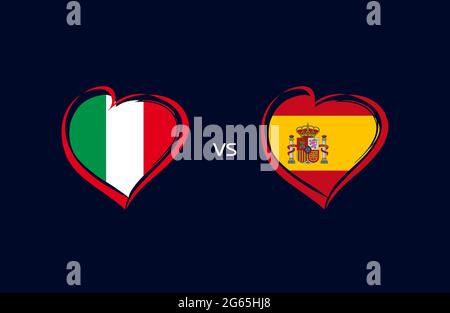 Italien gegen Spanien, Flaggen-Embleme Bannerblau. Fußballsymbole der Nationalmannschaft auf blauem Hintergrund. Italienische und spanische Nationalflagge im Herzen. Vektorkarte Stock Vektor