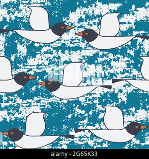 Nahtloses Vektormuster mit Möwen auf strukturiertem blauem Hintergrund. Künstlerisches Vogeltapete-Design. Dekorative Mode Textil. Stock Vektor