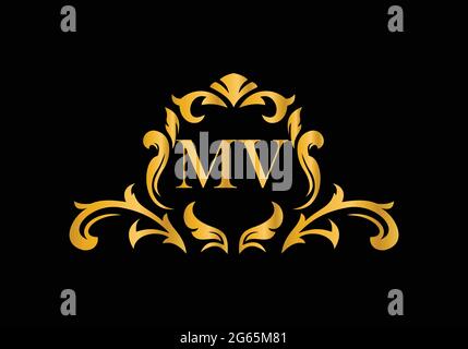 Luxus Buchstaben MV. Goldenes Blumenalphabet . Monogram Initialen perfekt für Hochzeitseinladungen, Grußkarte, Logo und anderes Design. Stock Vektor