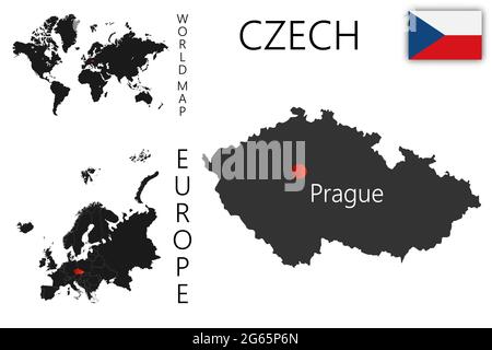 Realistische Vektorkarte von Tschechisch mit Flagge. Die Lage des Landes auf der Welt- und Europakarte. Eine Silhouette mit detaillierten Rändern des Sta Stock Vektor