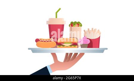 Menschliche Hand halten Teller mit Burger Hot Dog Cola und Cupcake Junk ungesunde Fast-Food-Konzept horizontal Stock Vektor