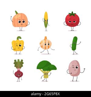 Set niedlichen Maskottchen Gemüse Figuren lustige Cartoon Persönlichkeiten Sammlung gesunde Ernährung Konzept Stock Vektor