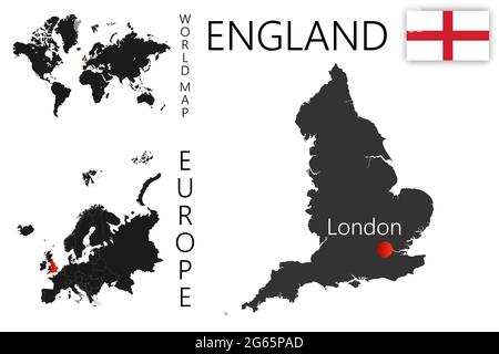 Realistische Vektorkarte von England mit Flagge. Die Lage des Landes auf der Welt- und Europakarte. Eine Silhouette mit detaillierten Rändern der s Stock Vektor