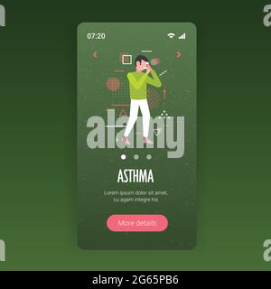 Mann, der Spray Inhalator verwendet, um Asthmaanfälle zu stoppen Symptome, die Atem und Lunge beeinflussen Bronchialerkrankung Konzept Smartphone-Bildschirm mobile App kopieren Raum Stock Vektor