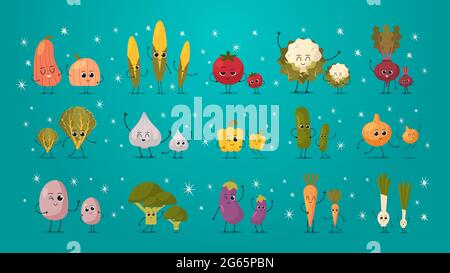 Set niedlichen Maskottchen Gemüse Figuren lustige Cartoon Persönlichkeiten Sammlung gesunde Ernährung Konzept horizontal Stock Vektor