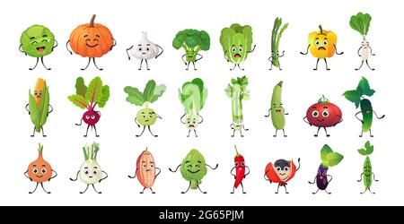 Set niedlichen Gemüsefiguren Cartoon Maskottchen Persönlichkeiten Sammlung gesunde Ernährung Konzept isoliert horizontal Stock Vektor