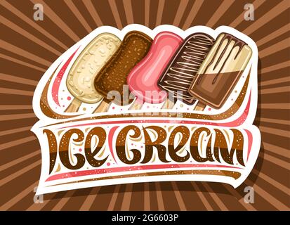 Vektor-Logo für Eisdiele, dekoratives Schild mit Abbildung von 5 verschiedenen bunten Eisdielen mit Nüssen in einer Reihe, Poster mit einzigartigem Schriftzügen Stock Vektor