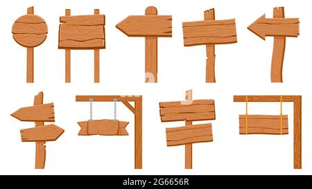 Schilder aus Holz. Leere Holzdiele rund und Pfeilschilder. Cartoon alte rustikale Straße Richtungszeiger auf Stock. Vektorset mit strukturiertem Wegweiser Stock Vektor