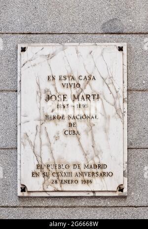 Marmorplatte von den Menschen in Madrid an Jose Marti. Stockfoto