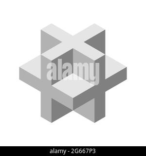 Graues 3D-Kreuz- oder Pluszeichen. Dimensionaler Buchstabe X. Isometrische Würfelform aus Kreuzen. Necker Würfel Figur. Abstraktes geometrisches Objekt. Heilige Geometrie Stock Vektor