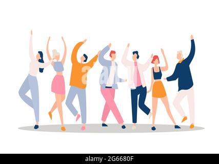 Dance Party flache Vektor-Illustration. Nachtclub, Urlaub, aktive Freizeit, Erholung. Tänzer heben die Hände, junge Leute tanzen zusammen Stock Vektor