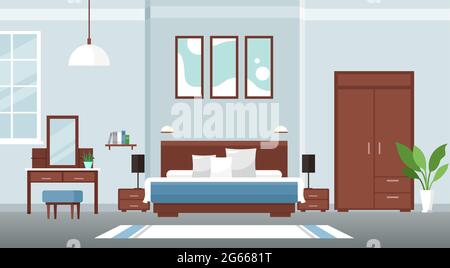 Interior Schlafzimmer Bunte flache Design-Konzept Vektor-Illustration mit Möbeln und Fenster Stock Vektor
