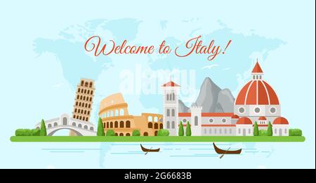 Willkommen bei Italien flache Banner Vektor-Vorlage. Berühmte italienische architektonische Wahrzeichen Cartoon-Illustration mit Text. Touristenattraktionen, kolosseum Stock Vektor