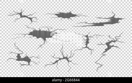 Cracks Vektor realistische Illustrationen gesetzt. Zerstörte Mauer, Zerstörung, beschädigte Bodenoberfläche, Erdbebenfolgen. 3D-Frakturen, Risse Stock Vektor