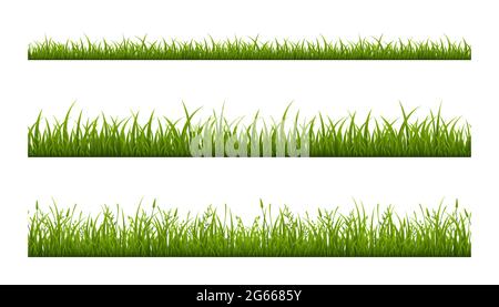 Realistischer grüner Rasen Rasen, Rand oder Wiese Vektor Illustration Set. Horizontaler nahtloser Hintergrund Stock Vektor