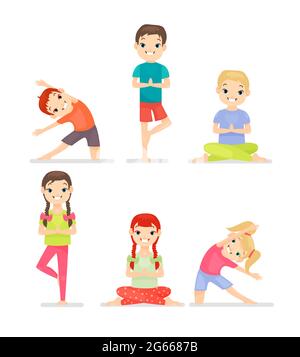 Kind Yoga Gymnastik Übungen Cartoon flache Vektor Illustration Set. Niedliche Jungen und Mädchen Stock Vektor