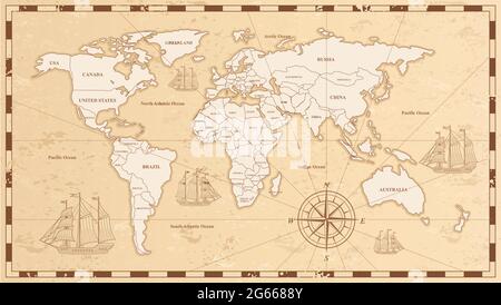 Altweltkarte flache Vektorgrafik. Altes Pergament mit Ländern und Ozeanen Namen. Vintage-Dokument mit Kontinenten, Schiffen und Wind stieg Stock Vektor