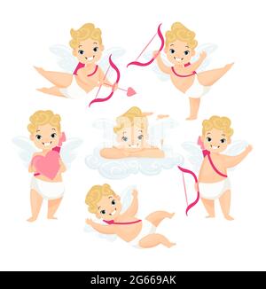 Niedliche Baby-Cupids flache Vektor-Illustrationen-Set. Amurs Cartoon-Figuren mit Flügeln und Liebe Pfeile auf weißem Hintergrund Sammlung isoliert Stock Vektor