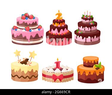 Tiered Cakes Bunte flache Vektor-Illustrationen Set Stock Vektor