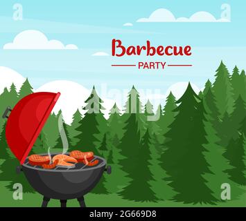 Grillparty im Wald flache Vektor-Illustration. Outdoor BBQ Bannervorlage mit Typografie. Picknick in Holz. Mit Fleisch und Fisch grillen. Lecker Stock Vektor