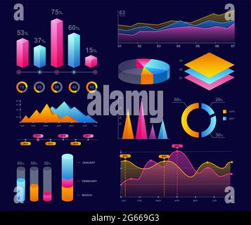 Diagramme, Diagramme und Grafiken Bunte Vektorgrafiken gesetzt. Dot, Pie und Dots helle Neon-Karten-Kollektion. Infografiken-Paket. Unternehmensmarketing Stock Vektor