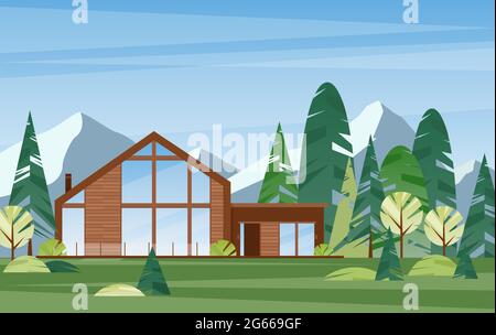 Moderne Dorfhaus flache Vektor-Illustration. Modernes Holzgebäude im Nadelwald. Landhaus außen. Wohnen im Wald. Hütte Stock Vektor