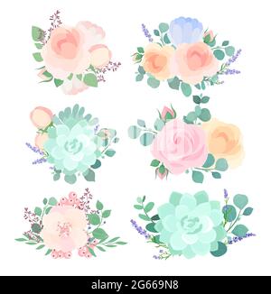 Blumen Kompositionen flache Vektor Illustrationen Set. In hellrosa und blauen Knospen isolierte Design-Elemente Pack. Rosen mit Blättern und Wildblumen Zweige Stock Vektor