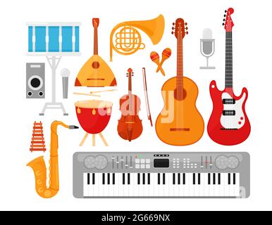 Musikinstrumente flache Vektor Illustrationen Set. Akustische und elektrische Gitarren isoliert auf weißem Hintergrund. Schlaginstrumente, Streichinstrumente und Blasinstrumente Stock Vektor