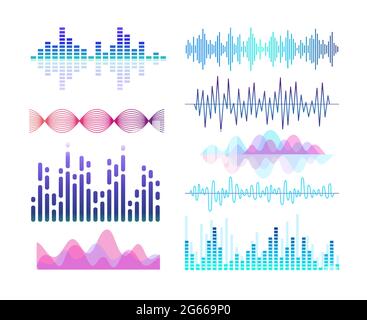 Sound Effects Vektor-Farbabbildungen gesetzt. Visualisierung von Schallwellen und Stimmschwingungen. Audio-Player-Equalizer. Violette Linien und Kurven isoliert Stock Vektor