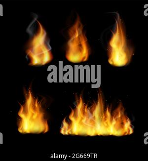 Gabeln mit flammenrealistischen 3d-Vektorgrafiken. Brennendes gelbes Lagerfeuer mit heller Funkensammlung isoliert auf schwarzem Hintergrund. Fireflames Stock Vektor