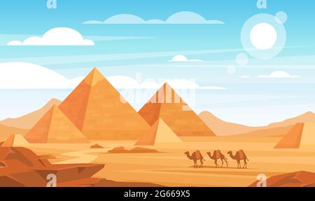 Pyramiden in Wüste flache Vektor-Illustration. Ägyptische Landschaft Panorama Cartoon Hintergrund. Beduinen Kamele Karawane und Ägypten Wahrzeichen. Afrikanisch Stock Vektor