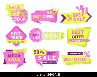 Verkauf Etiketten Farbe Vektor Illustrationen Set. Sonderangebote Werbeaufkleber, Patches Designs isoliert Packung. Bester Preis, 50 % Rabatt auf Rabatte Stock Vektor