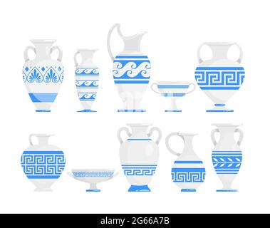 Griechische Vasen blau und weiß flache Vektor-Illustrationen Set Stock Vektor