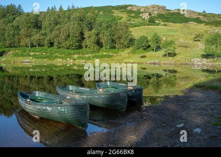 Ruderboote am Watendlath Tarn in der Seenplatte Cumbria Stockfoto